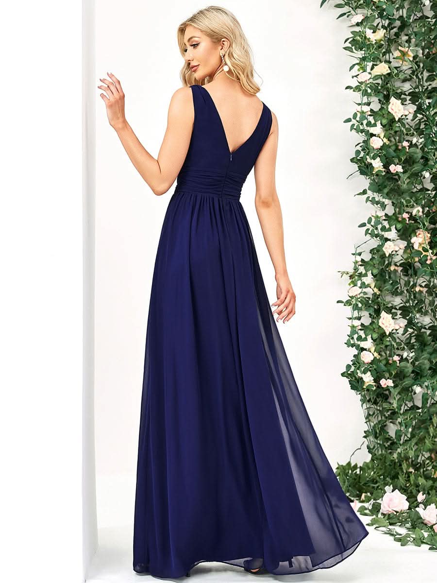 Doppelter V-Ausschnitt Ärmellos Lange Chiffon Brautjungfernkleider #farbe_Koenigsblau