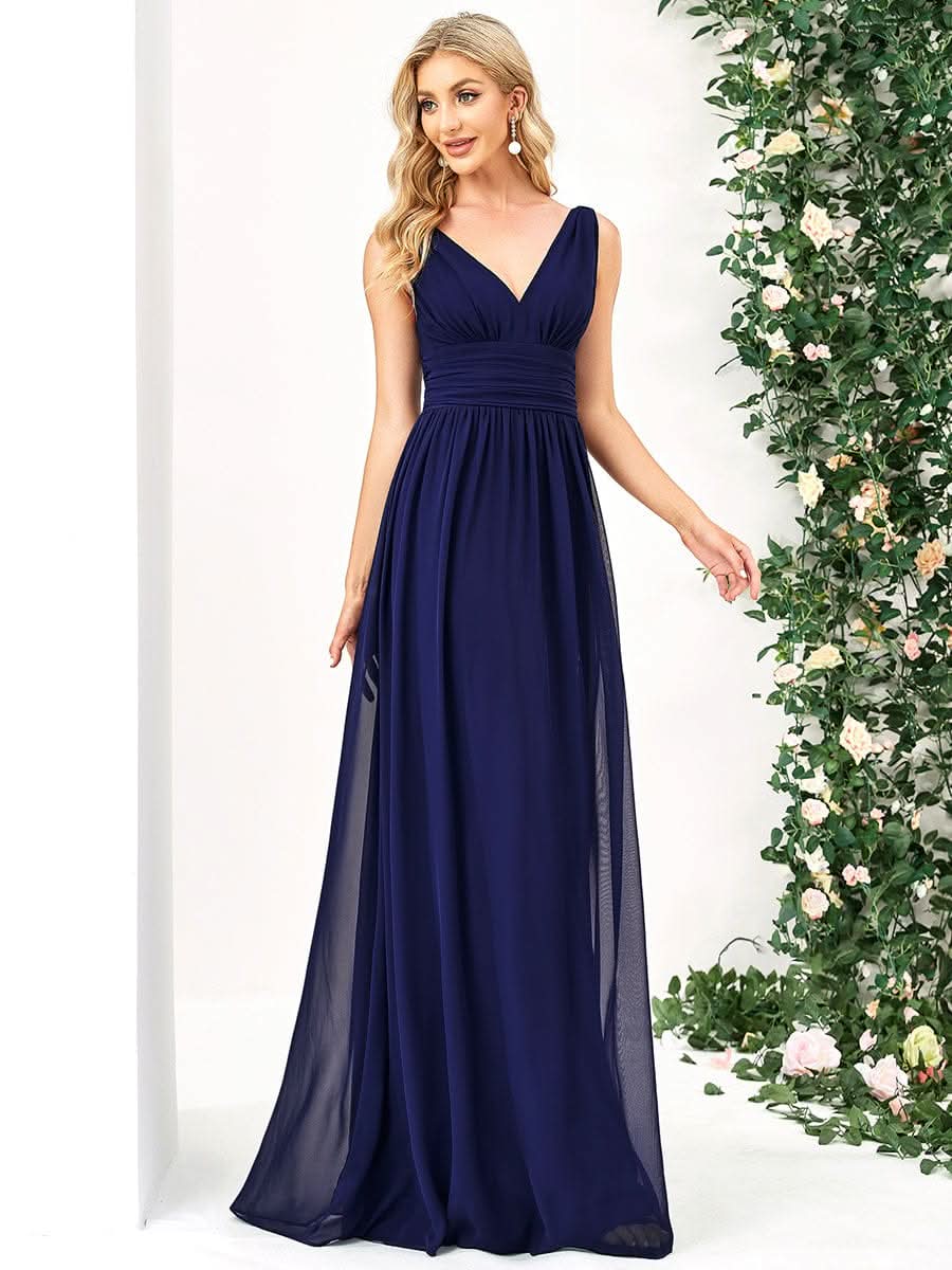 Damen V-Ausschnitt Lange Chiffon Abendkleider Festkleider 09016 #farbe_Koenigsblau