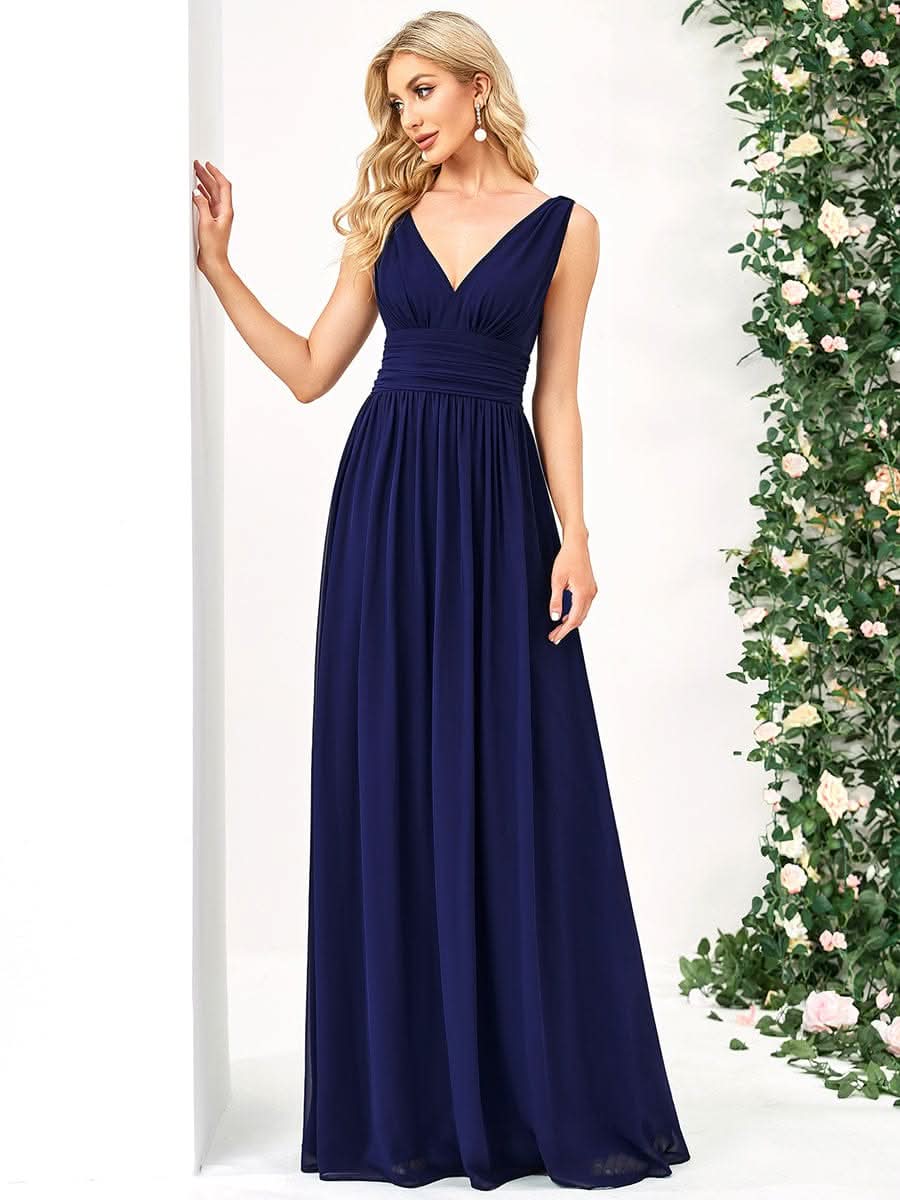 Doppelter V-Ausschnitt Ärmellos Lange Chiffon Brautjungfernkleider #farbe_Koenigsblau