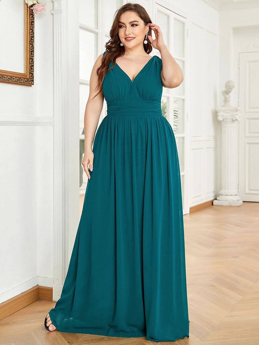 Plus Size V-Ausschnitt Lange Chiffon Abendkleider 09016 #farbe_Teal