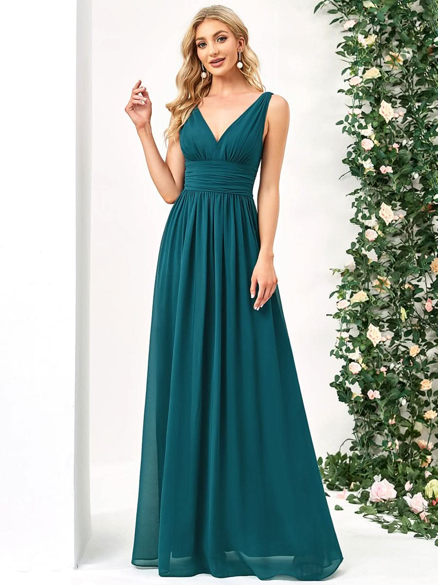 Damen V-Ausschnitt Lange Chiffon Abendkleider Festkleider 09016 #farbe_Teal