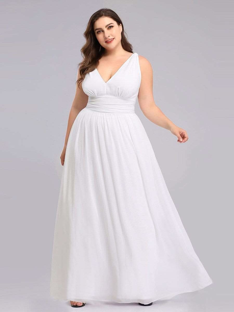 Ärmelloser Chiffon mit V-Ausschnitt Kleider Für HochzeitsgÄste in Große Größen #farbe_Weiss
