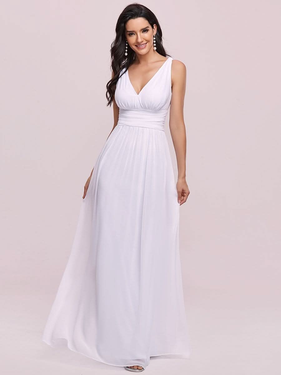 Damen V-Ausschnitt Lange Chiffon Abendkleider Festkleider 09016 #farbe_Weiss