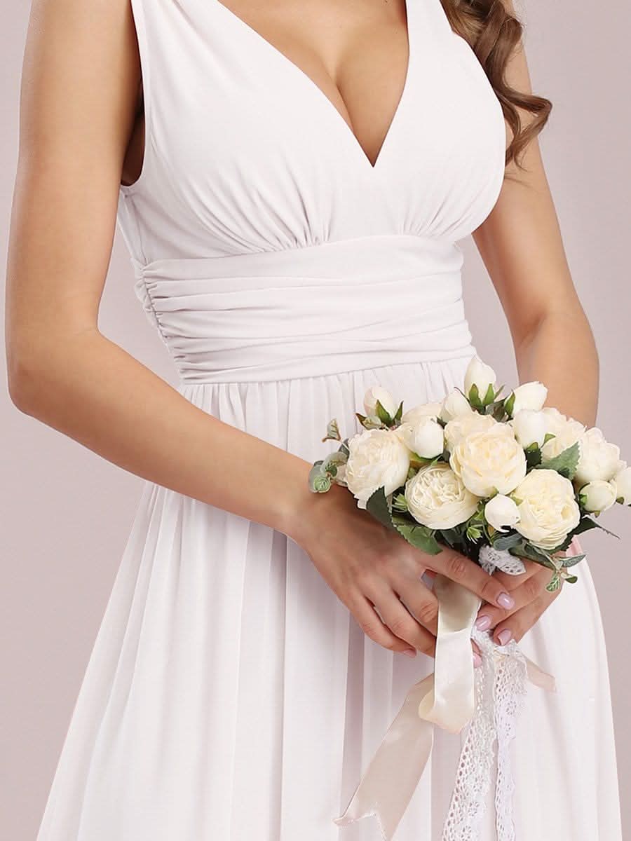 Damen V-Ausschnitt Lange Chiffon Abendkleider Festkleider 09016 #farbe_Weiss