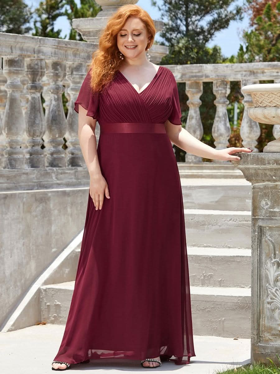 V-Ausschnitt Empire-Taille Lange Chiffon Hochzeitsgast Kleider Große Größen #Farbe_Burgundy