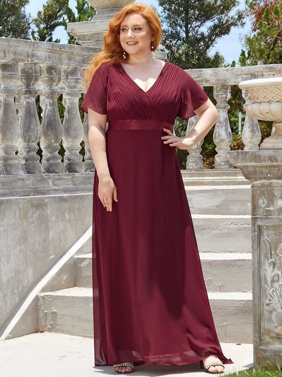 FlatterÄrmel langes Brautjungfernkleid in äbergröße #Farbe_Burgundy