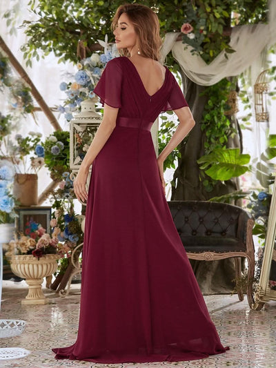 Damen V-Ausschnitt Lange Chiffon Abendkleider mit Schleppe #Farbe_Burgundy
