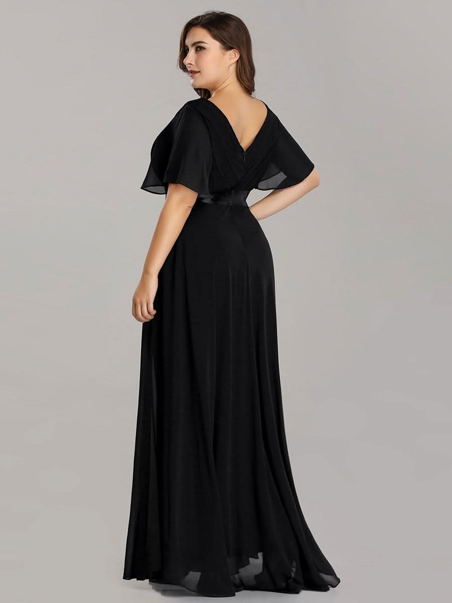 V-Ausschnitt Empire-Taille Lange Chiffon Hochzeitsgast Kleider Große Größen #Farbe_Schwarz