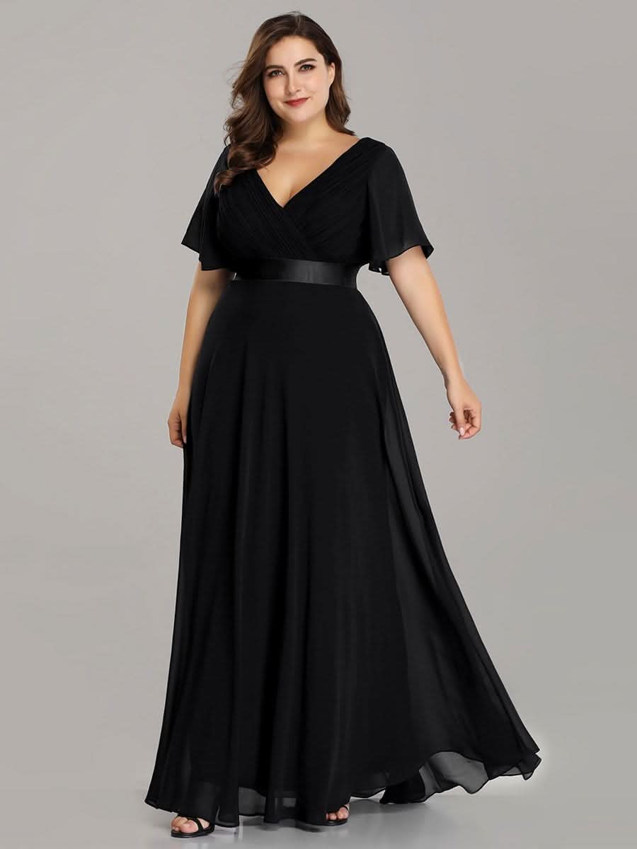 Plus Size Damen Chiffon V-Ausschnitt Lange Abendkleid mit Schleppe #Farbe_Schwarz