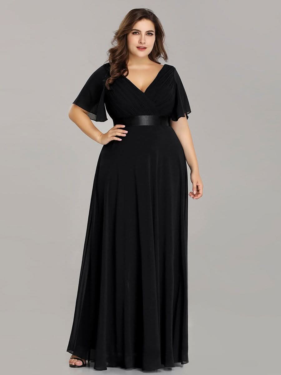 Plus Size Damen Chiffon V-Ausschnitt Lange Abendkleid mit Schleppe #Farbe_Schwarz