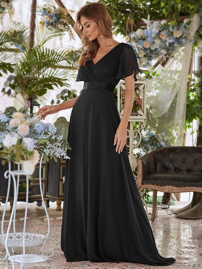 Langes Brautjungfernkleid mit Empire-Taille und kurzen, flatternden Ärmeln #Farbe_Schwarz