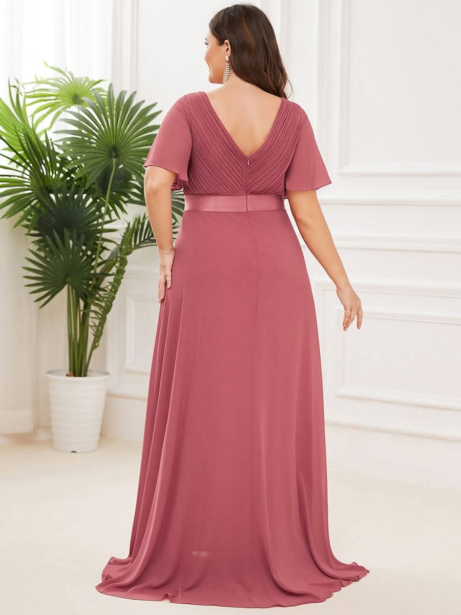FlatterÄrmel langes Brautjungfernkleid in äbergröße #Farbe_Korallen Rosa