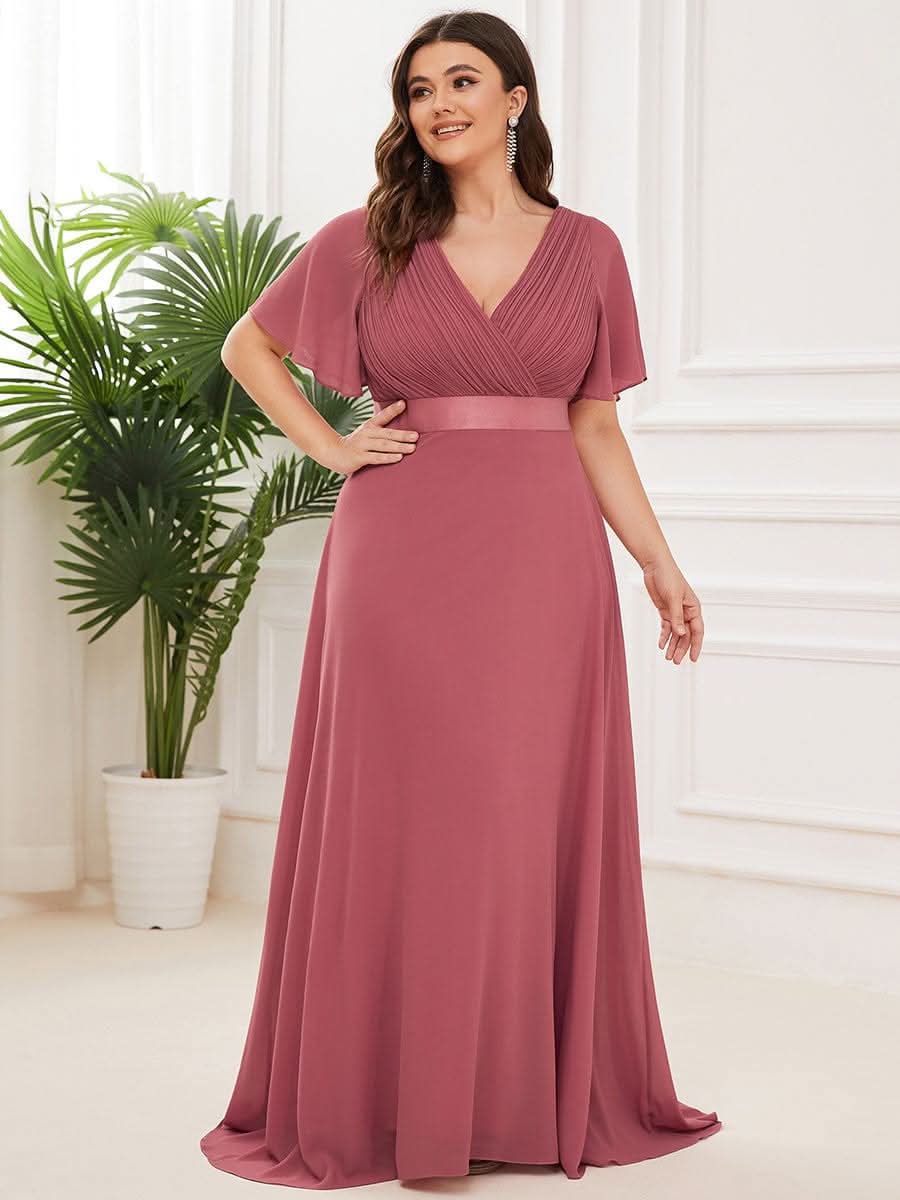 FlatterÄrmel langes Brautjungfernkleid in äbergröße #Farbe_Korallen Rosa