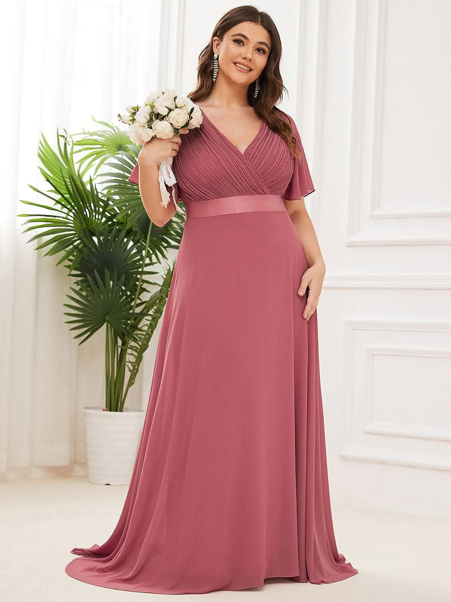 FlatterÄrmel langes Brautjungfernkleid in äbergröße #Farbe_Korallen Rosa