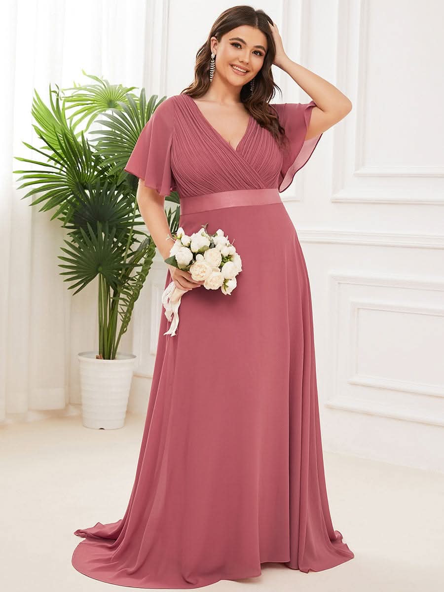 Minimalistisches A-Line Maxi Chiffon Brautkleid mit Satingürtel #Farbe_Korallen Rosa