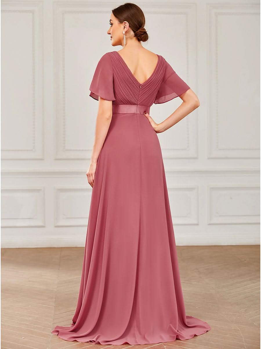 Minimalistisches A-Line Maxi Chiffon Brautkleid mit Satingürtel #Farbe_Korallen Rosa