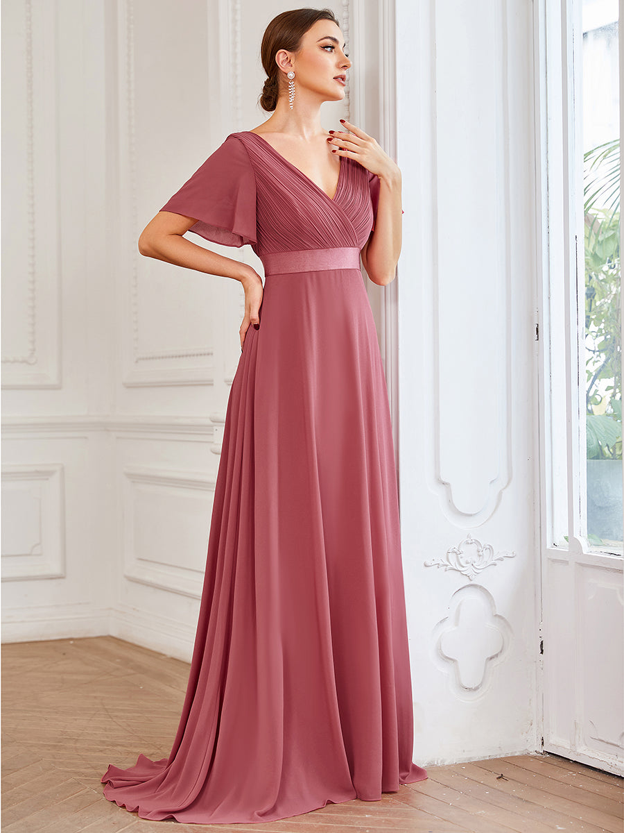 Größe Nach Maß Damen V-Ausschnitt Lange Chiffon Abendkleider mit Schleppe 09890 #Farbe_Korallen Rosa