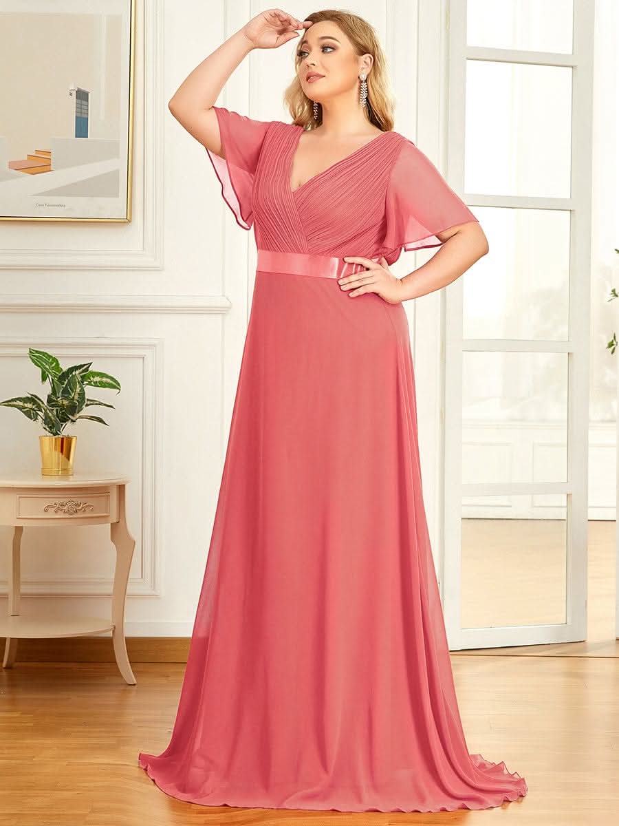 Plus Size Damen Chiffon V-Ausschnitt Lange Abendkleid mit Schleppe #Farbe_Koralle
