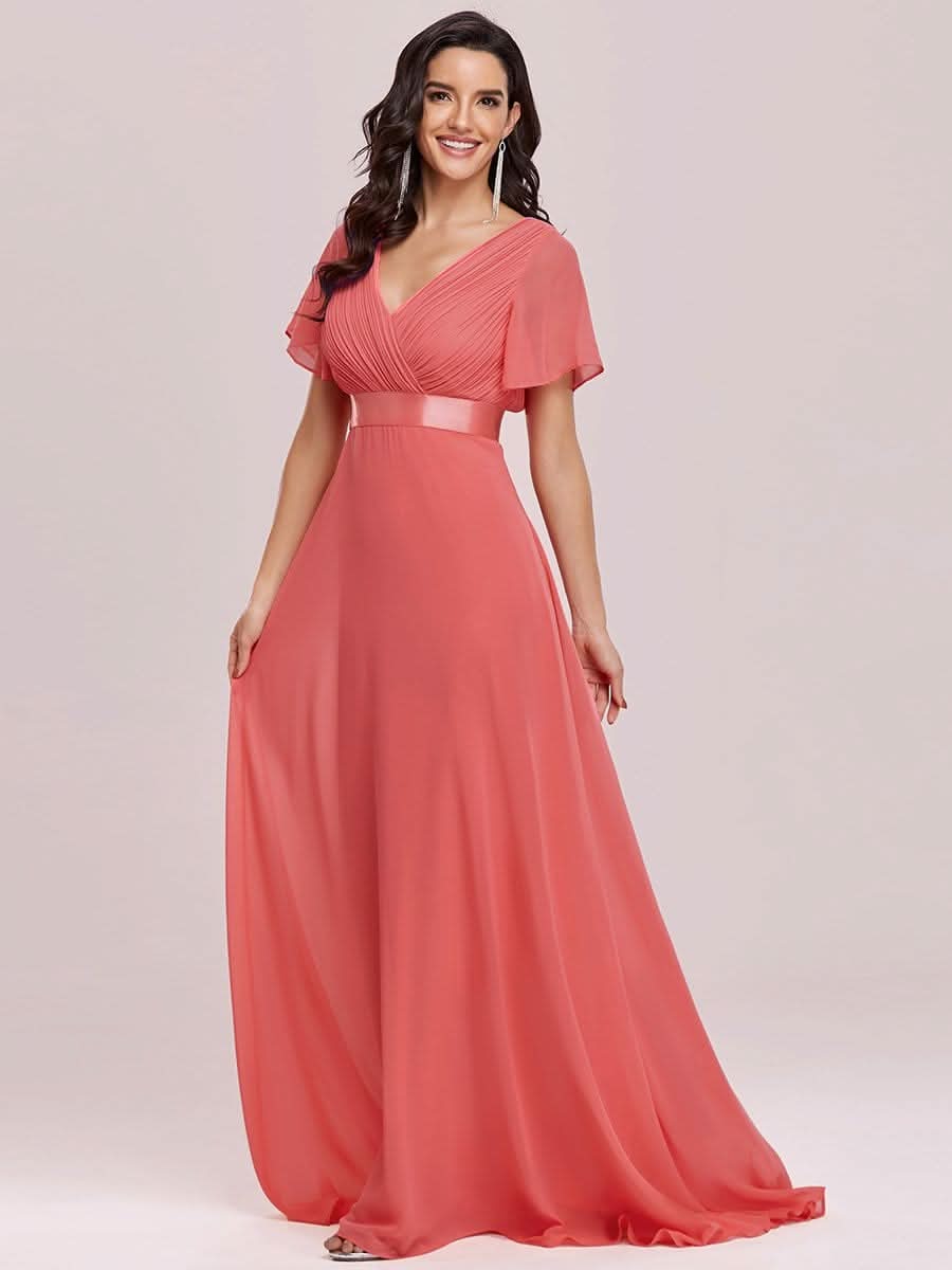 Damen V-Ausschnitt Lange Chiffon Abendkleider mit Schleppe #Farbe_Koralle