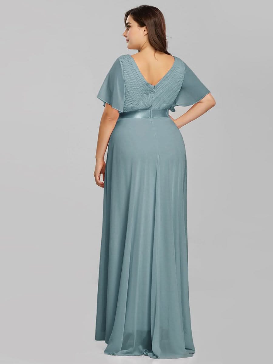 V-Ausschnitt Empire-Taille Lange Chiffon Hochzeitsgast Kleider Große Größen #Farbe_Dusty Blau