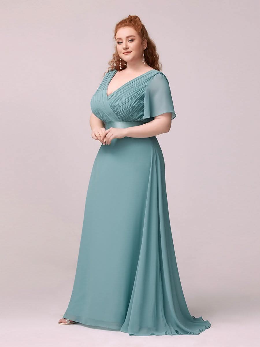 Plus Size Damen Chiffon V-Ausschnitt Lange Abendkleid mit Schleppe #Farbe_Dusty Blau