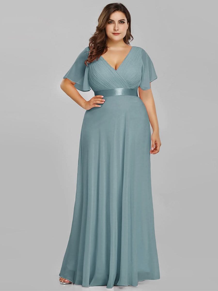 Plus Size Damen Chiffon V-Ausschnitt Lange Abendkleid mit Schleppe #Farbe_Dusty Blau