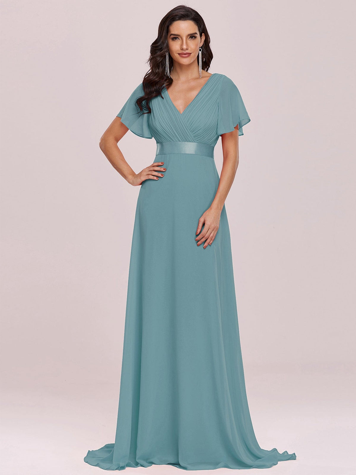 Größe Nach Maß Damen V-Ausschnitt Lange Chiffon Abendkleider mit Schleppe #Farbe_Dusty Blau