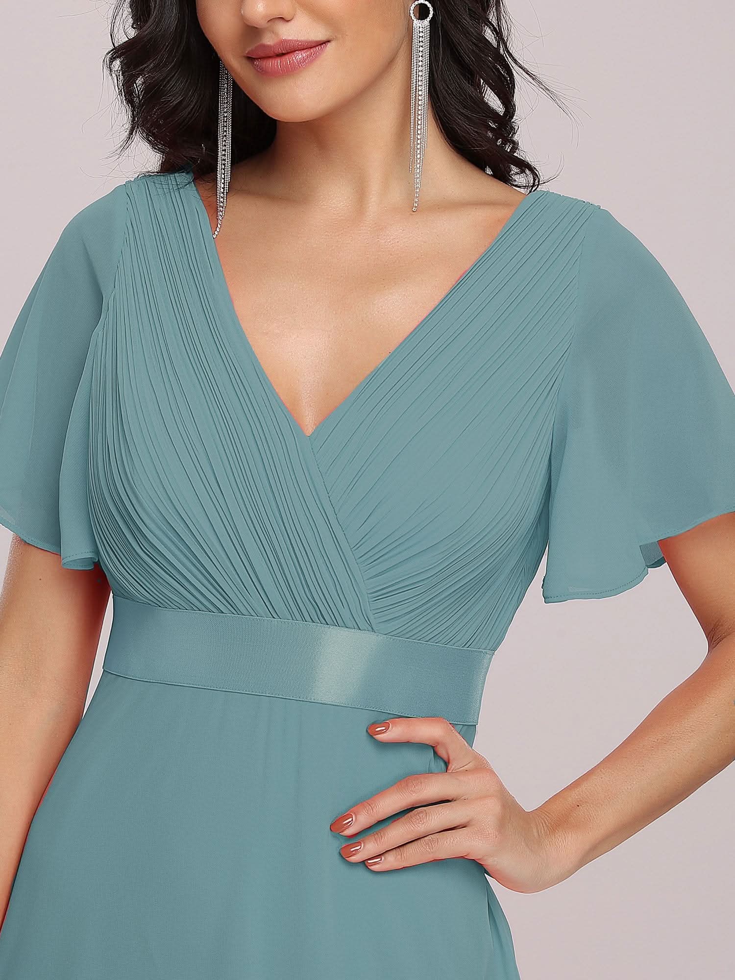 Damen V-Ausschnitt Lange Chiffon Abendkleider mit Schleppe #Farbe_Dusty Blau
