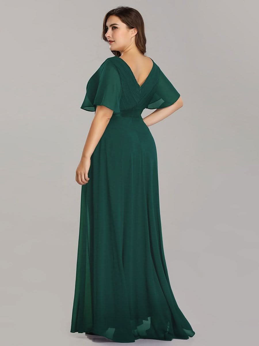 Plus Size Damen Chiffon V-Ausschnitt Lange Abendkleid mit Schleppe #Farbe_Dunkel Gruen