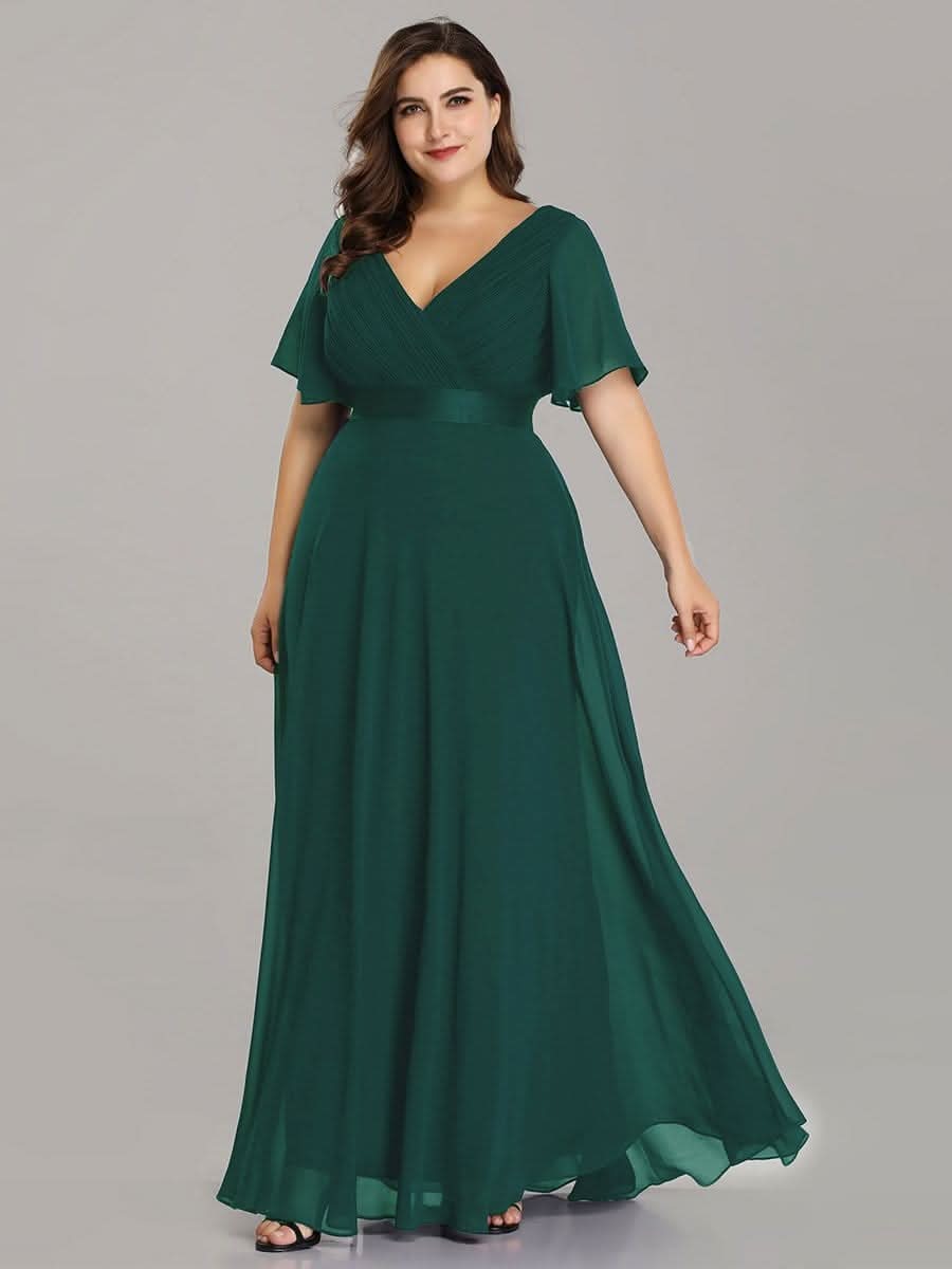 Plus Size Damen Chiffon V-Ausschnitt Lange Abendkleid mit Schleppe #Farbe_Dunkel Gruen