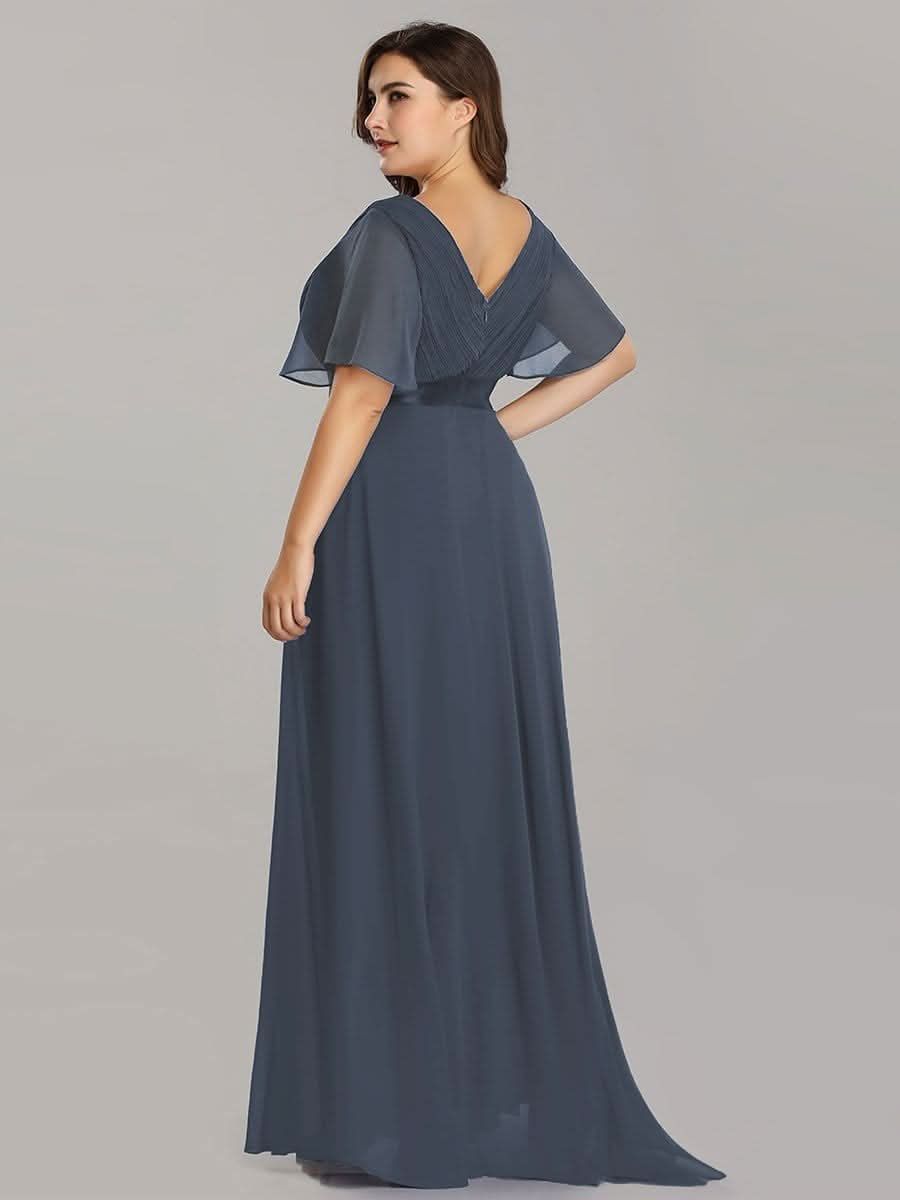 Plus Size Damen Chiffon V-Ausschnitt Lange Abendkleid mit Schleppe #Farbe_Dusty Navy