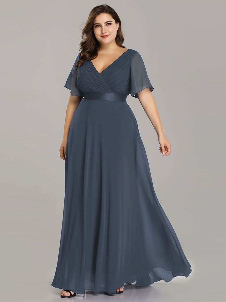Plus Size Damen Chiffon V-Ausschnitt Lange Abendkleid mit Schleppe #Farbe_Dusty Navy