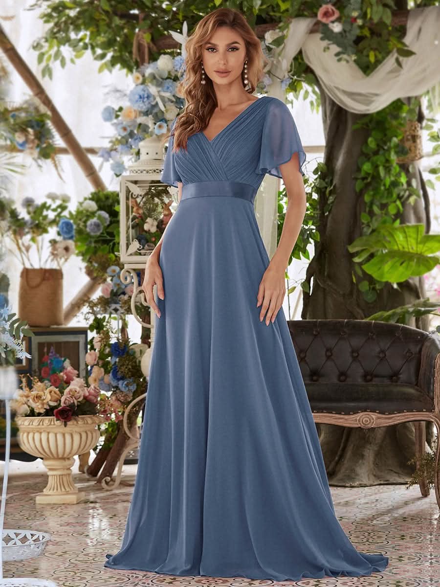 Damen V-Ausschnitt Lange Chiffon Abendkleider mit Schleppe #Farbe_Dusty Navy