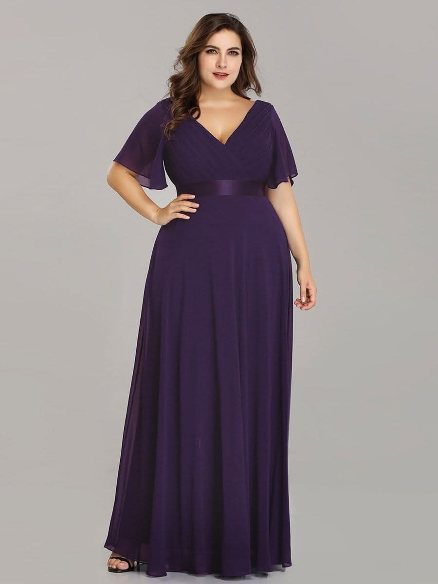 Plus Size Damen Chiffon V-Ausschnitt Lange Abendkleid mit Schleppe #Farbe_Dunkel Violett