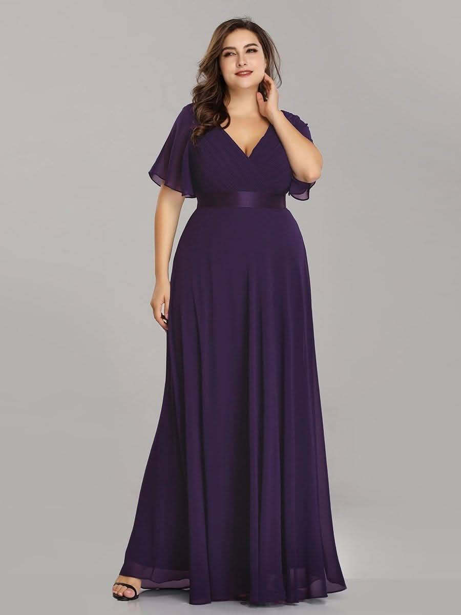 Plus Size Damen Chiffon V-Ausschnitt Lange Abendkleid mit Schleppe #Farbe_Dunkel Violett
