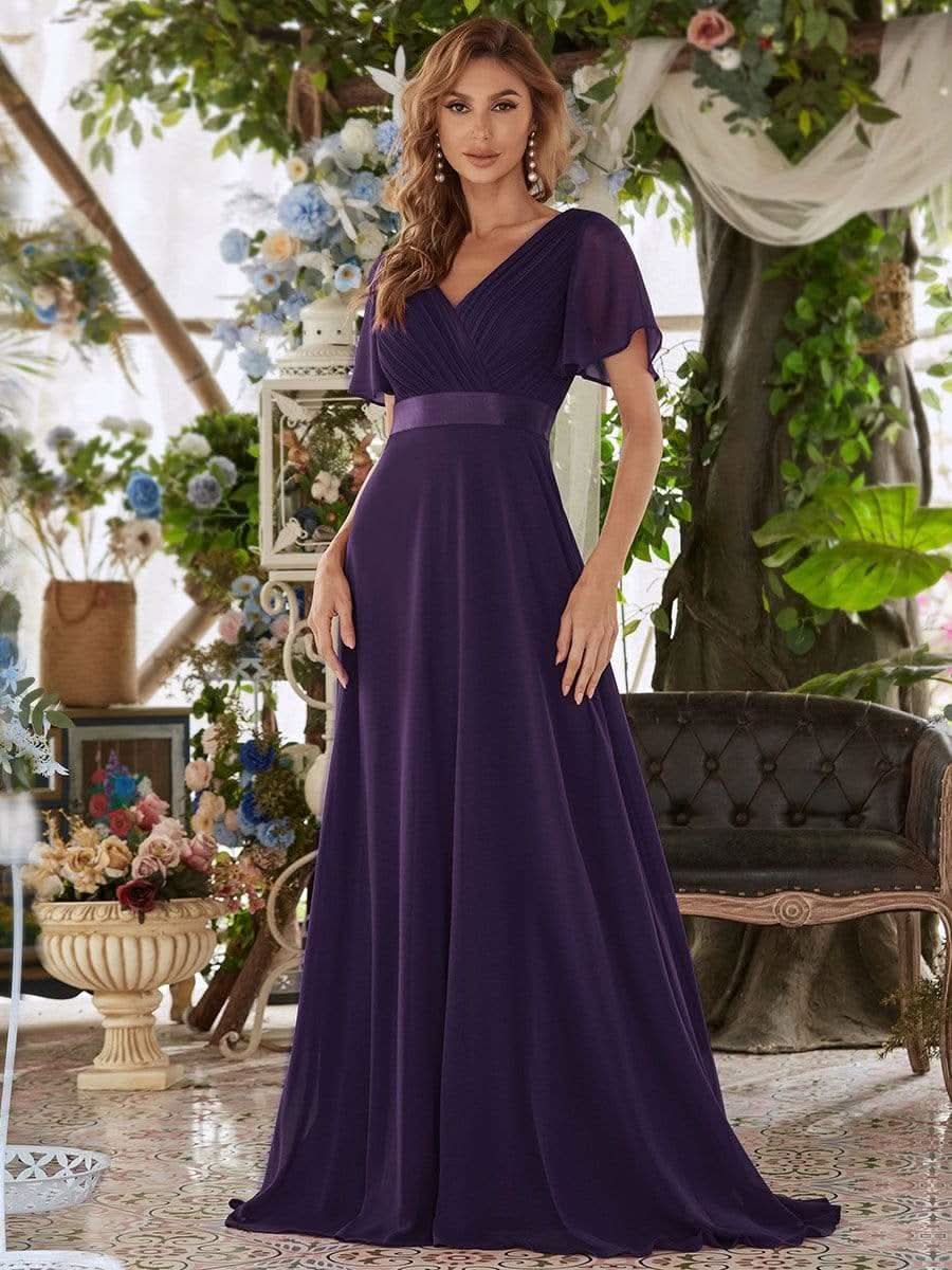 Langes Brautjungfernkleid mit Empire-Taille und kurzen, flatternden Ärmeln #Farbe_Dunkel Violett