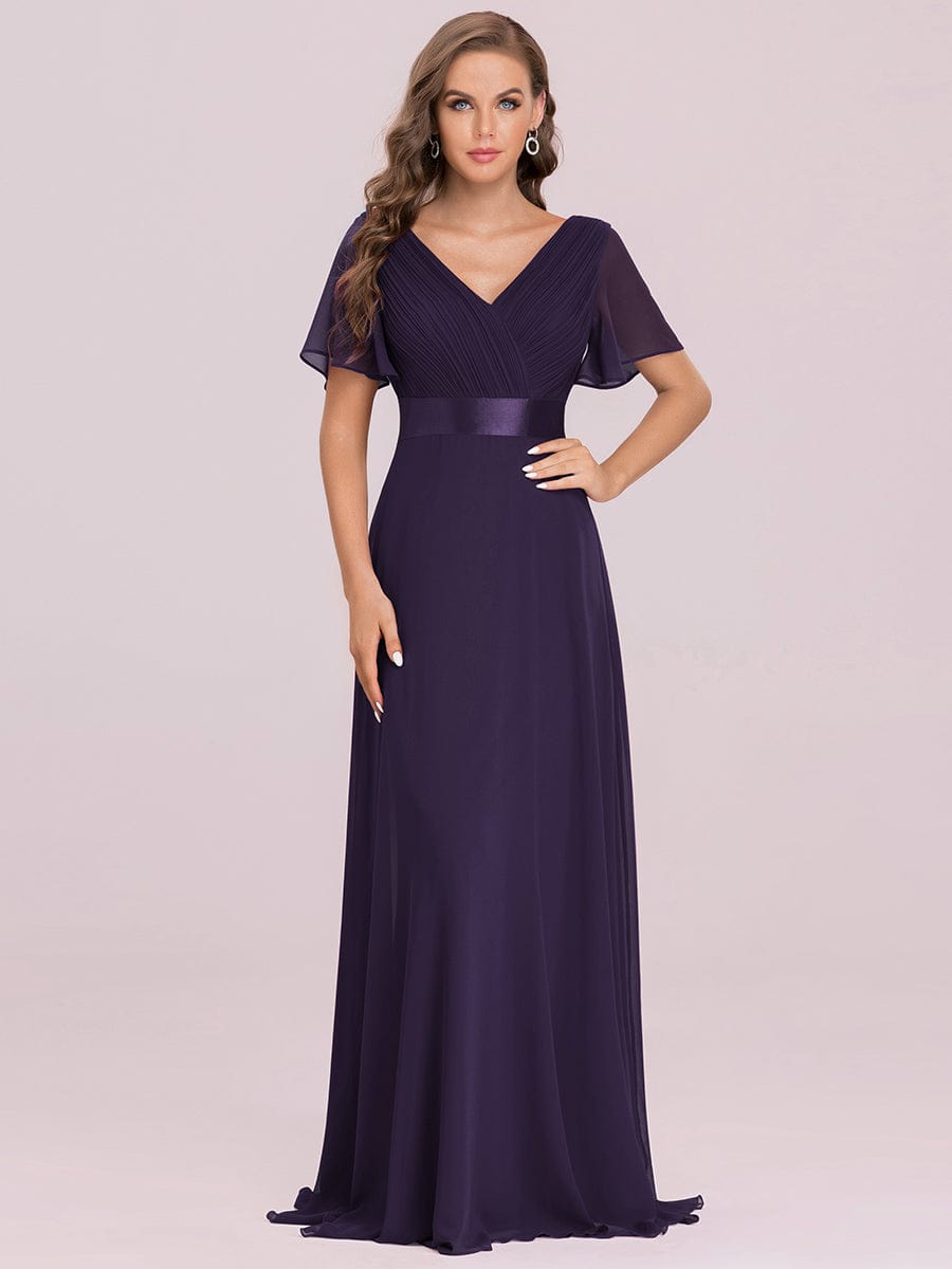 Größe Nach Maß Damen V-Ausschnitt Lange Chiffon Abendkleider mit Schleppe #Farbe_Dunkel Violett
