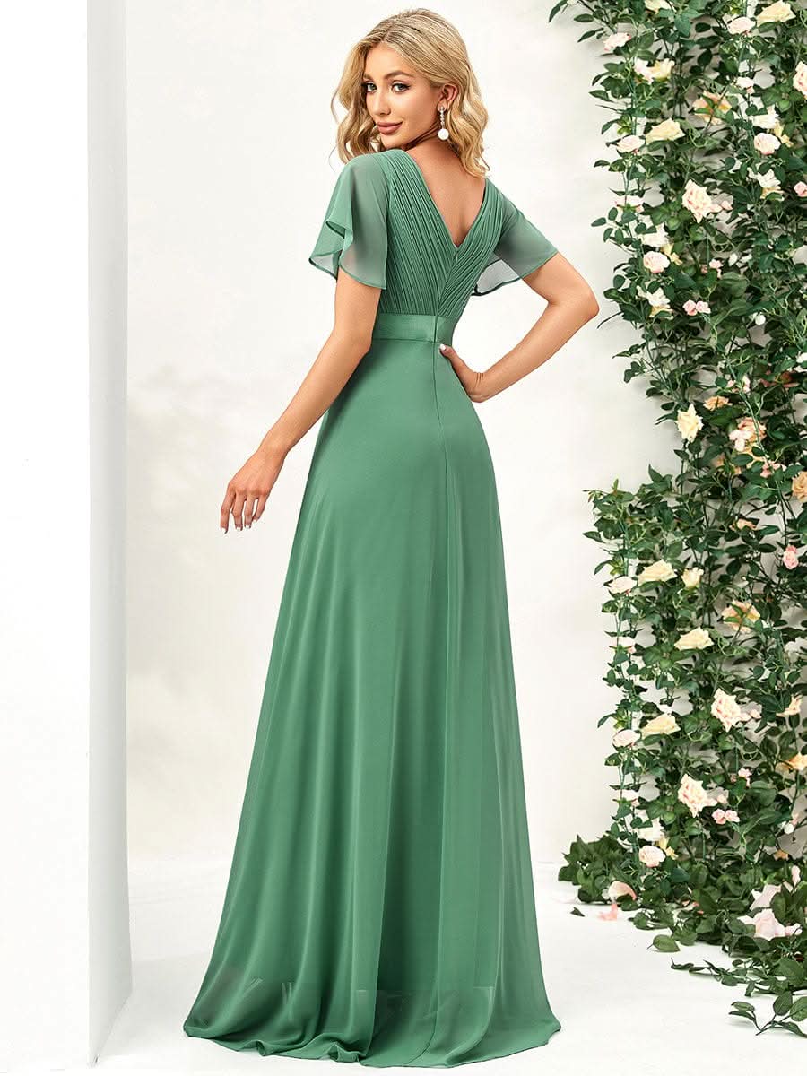 V-Ausschnitt Empire-Taille Lange Chiffon Hochzeitsgast Kleider mit RüschenÄrmeln #Farbe_Gruen Bohne