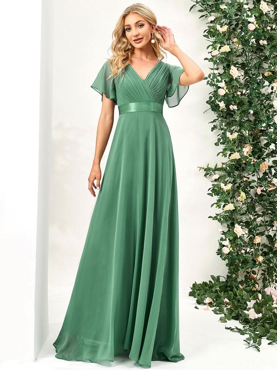 V-Ausschnitt Empire-Taille Lange Chiffon Hochzeitsgast Kleider mit RüschenÄrmeln #Farbe_Gruen Bohne