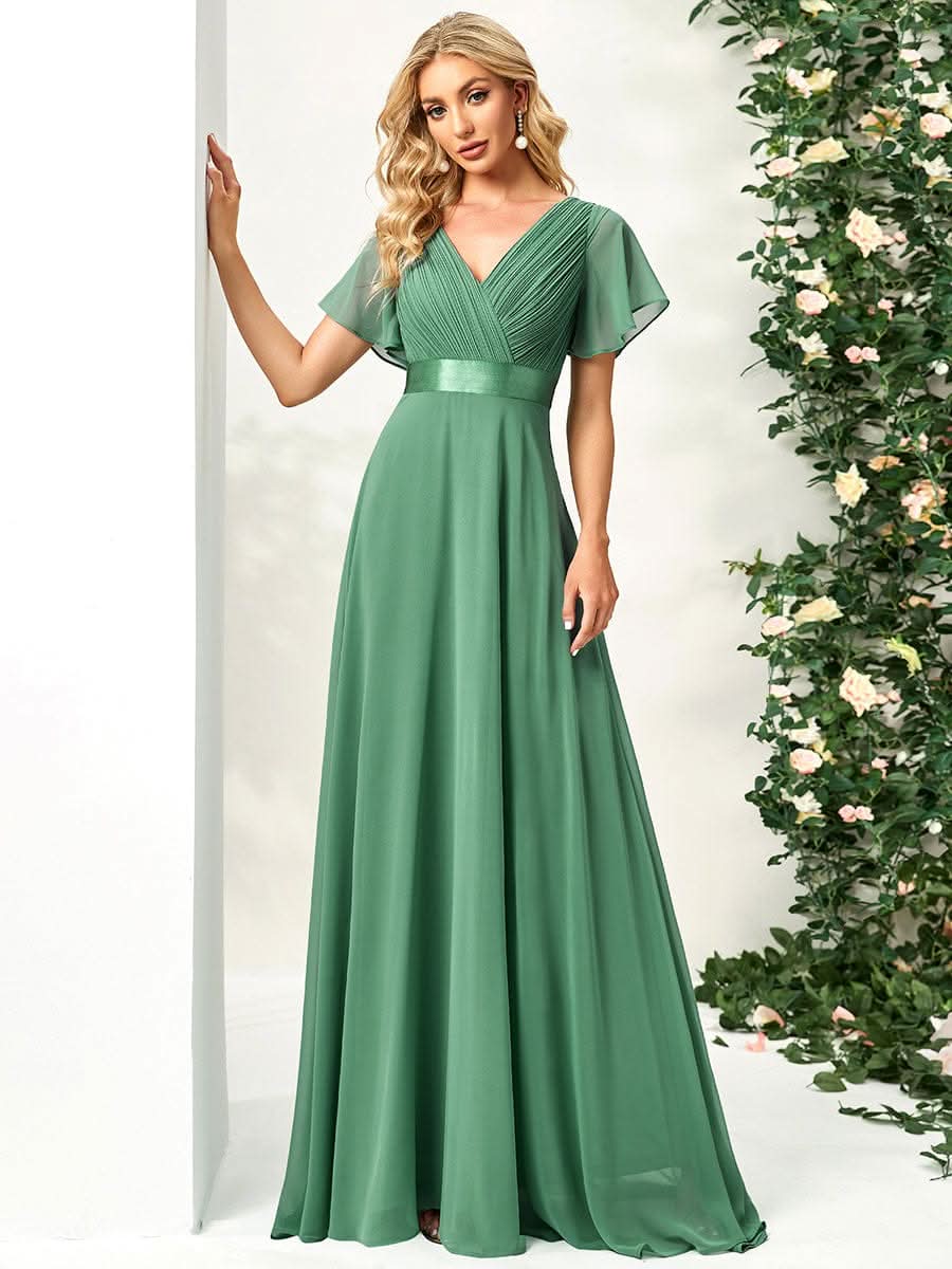 Damen V-Ausschnitt Chiffon Lange Abendkleider mit Schleppe #Farbe_Gruen Bohne