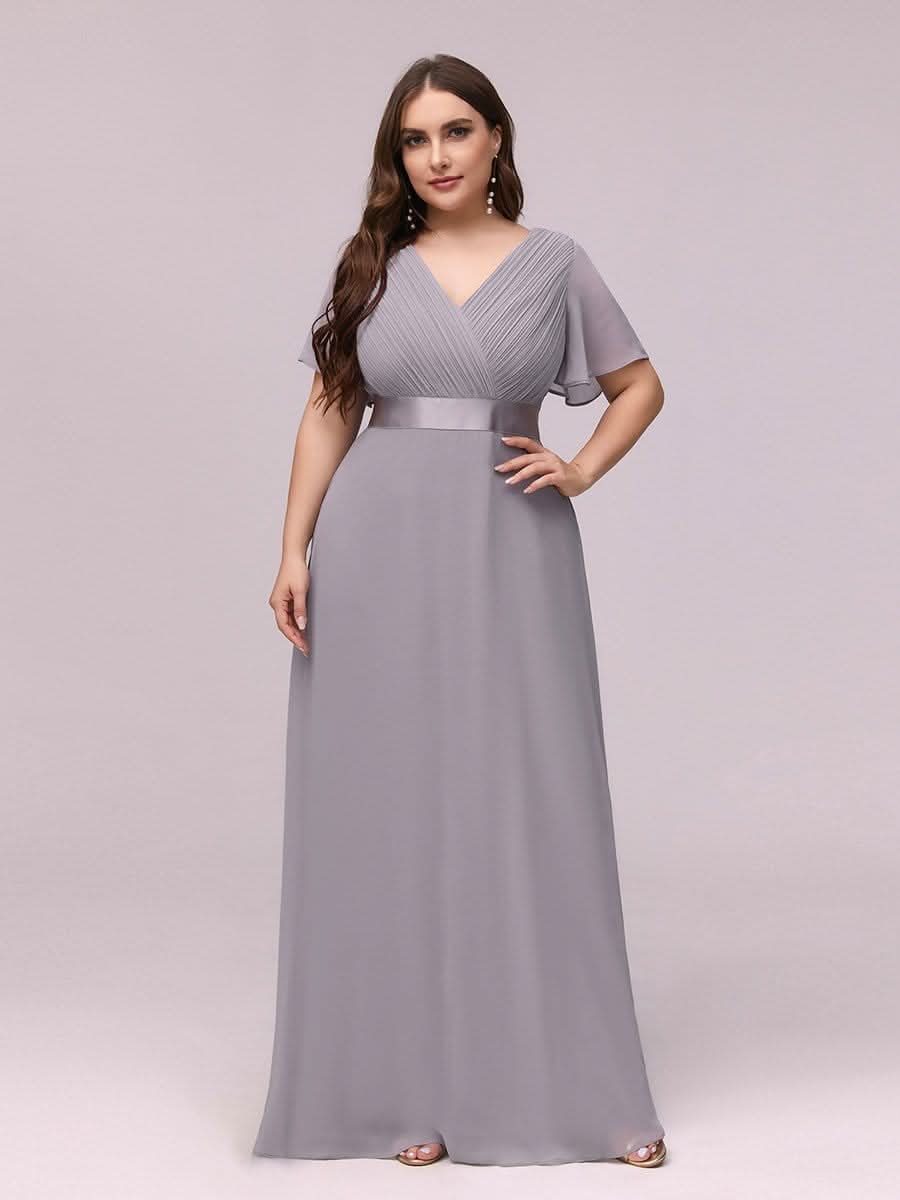V-Ausschnitt Empire-Taille Lange Chiffon Hochzeitsgast Kleider Große Größen #Farbe_Grau