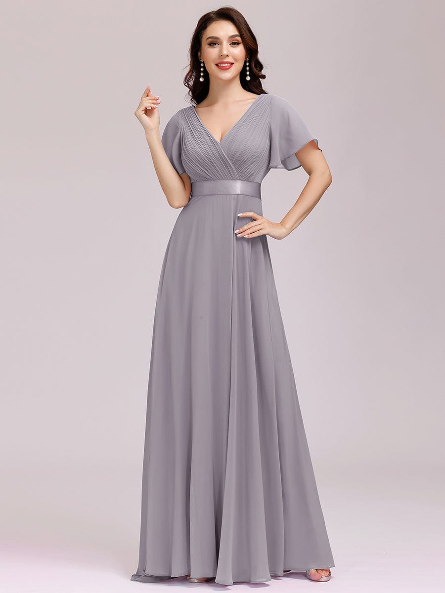 Größe Nach Maß Damen V-Ausschnitt Lange Chiffon Abendkleider mit Schleppe #Farbe_Grau