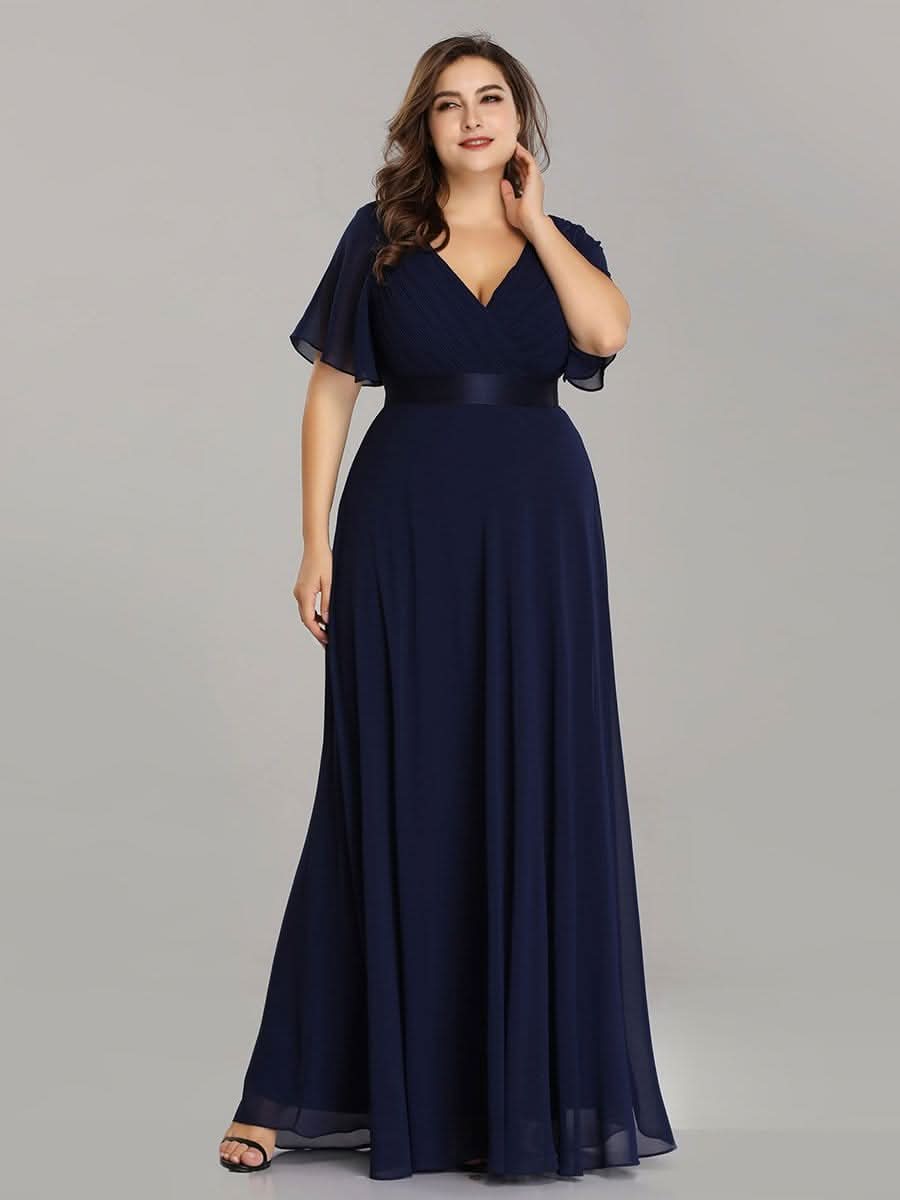 Plus Size Damen Chiffon V-Ausschnitt Lange Abendkleid mit Schleppe #Farbe_Navy Blau