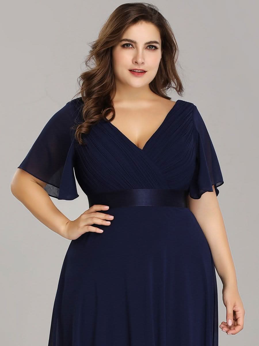 Plus Size Damen Chiffon V-Ausschnitt Lange Abendkleid mit Schleppe #Farbe_Navy Blau