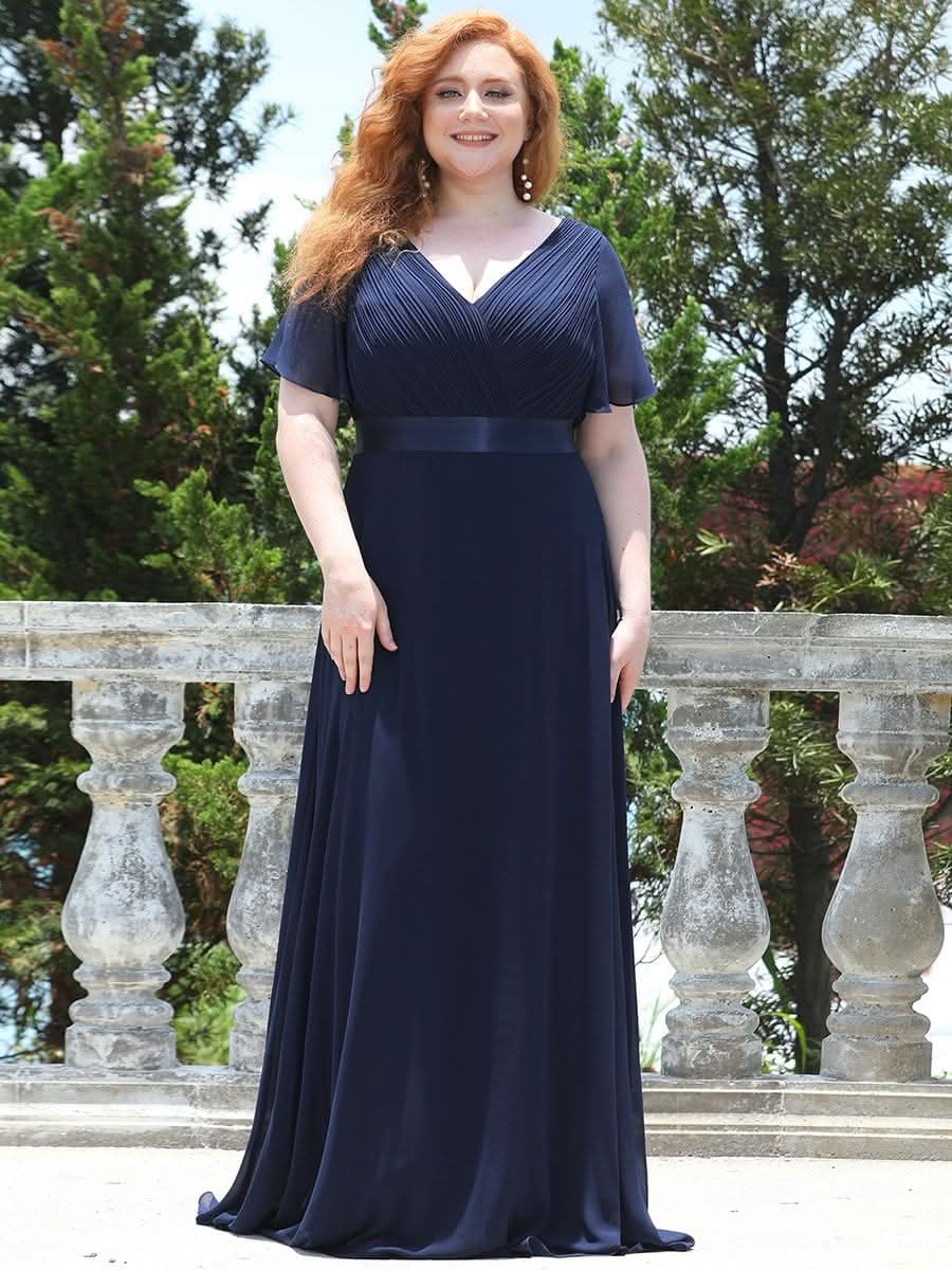 V-Ausschnitt Empire-Taille Lange Chiffon Hochzeitsgast Kleider Große Größen #Farbe_Navy Blau
