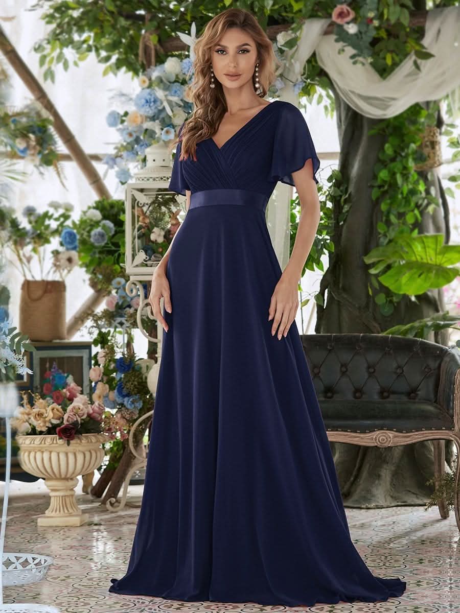 Damen V-Ausschnitt Chiffon Lange Abendkleider mit Schleppe #Farbe_Navy Blau