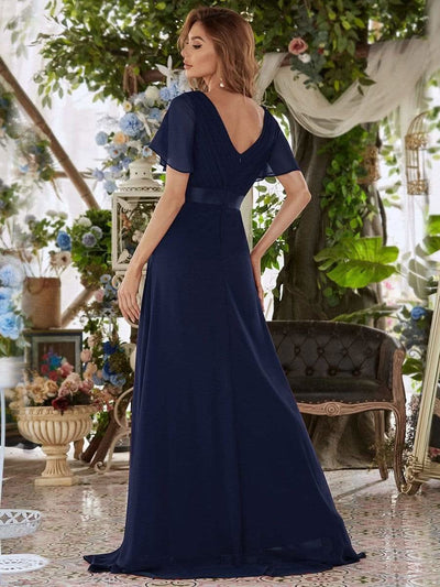 Langes Brautjungfernkleid mit Empire-Taille und kurzen, flatternden Ärmeln #Farbe_Marineblau