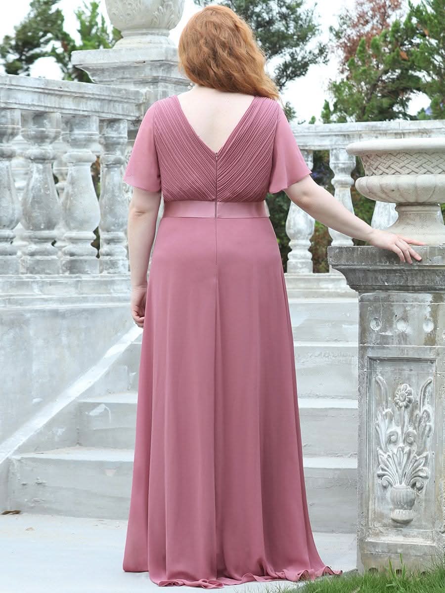V-Ausschnitt Empire-Taille Lange Chiffon Hochzeitsgast Kleider Große Größen #Farbe_Orchid