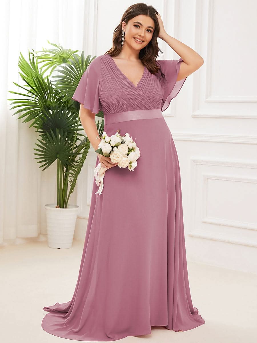 Plus Size Damen Chiffon V-Ausschnitt Lange Abendkleid mit Schleppe #Farbe_Orchid