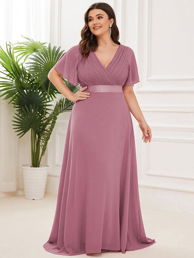 Plus Size Damen Chiffon V-Ausschnitt Lange Abendkleid mit Schleppe #Farbe_Orchid